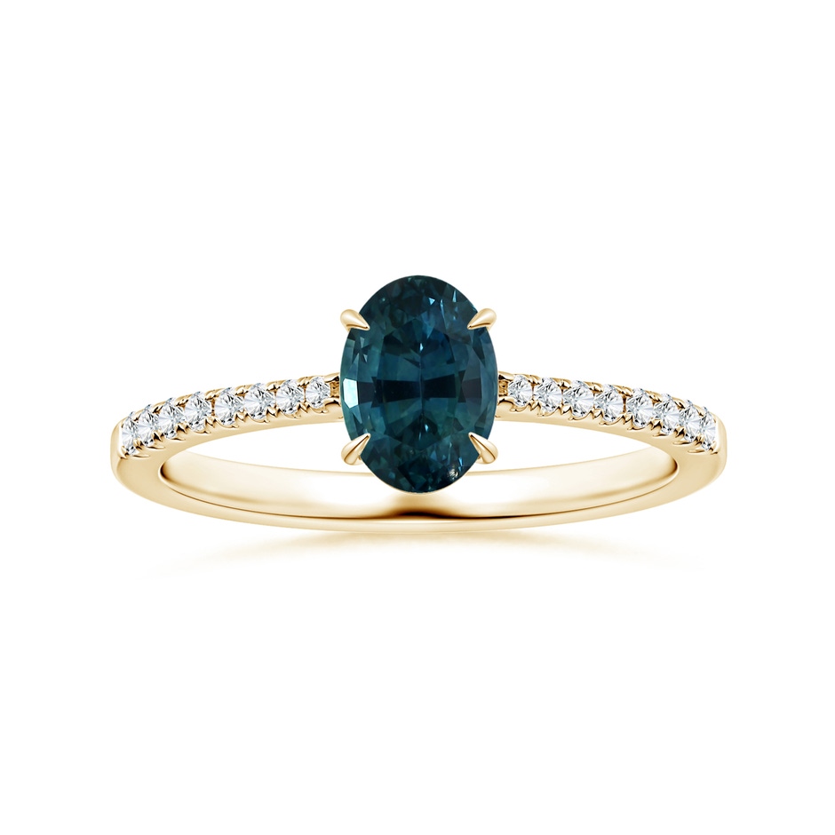 7.93x5.97x4.94mm AAA Claw-Set GIA Certified Oval Teal Sapphire Reverse Tapered Ring with Diamonds in Yellow Gold 