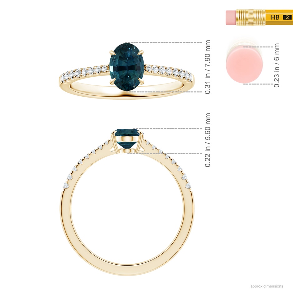 7.93x5.97x4.94mm AAA Claw-Set GIA Certified Oval Teal Sapphire Reverse Tapered Ring with Diamonds in Yellow Gold ruler
