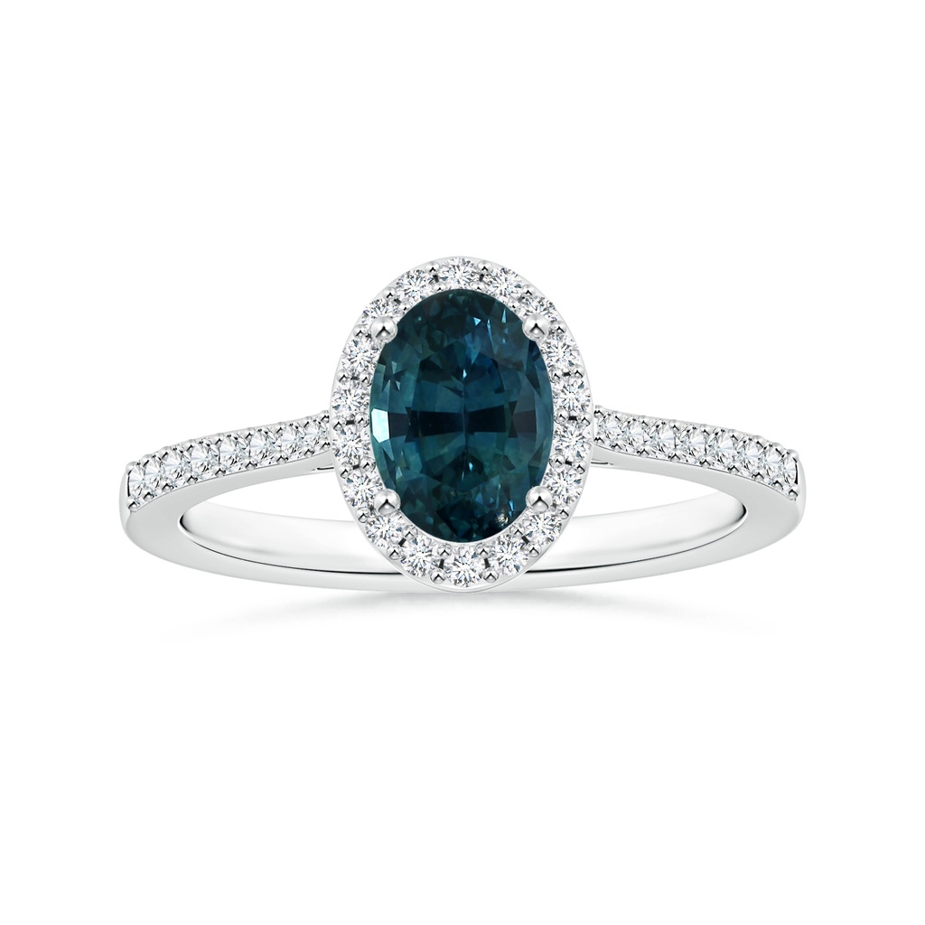 7.93x5.97x4.94mm AAA GIA Certified Oval Teal Sapphire Reverse Tapered Ring with Halo in 18K White Gold 