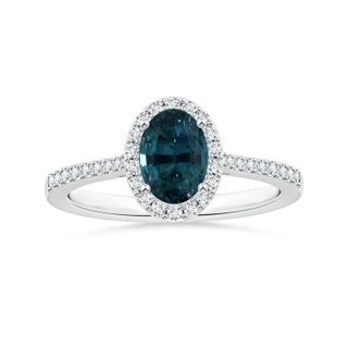 7.93x5.97x4.94mm AAA GIA Certified Oval Teal Sapphire Reverse Tapered Ring with Halo in 18K White Gold