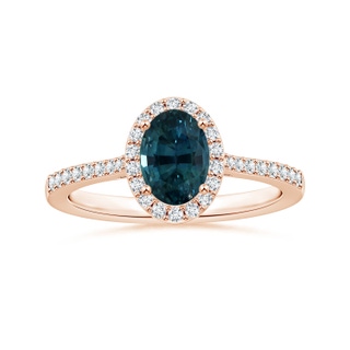 7.93x5.97x4.94mm AAA GIA Certified Oval Teal Sapphire Reverse Tapered Ring with Halo in 9K Rose Gold