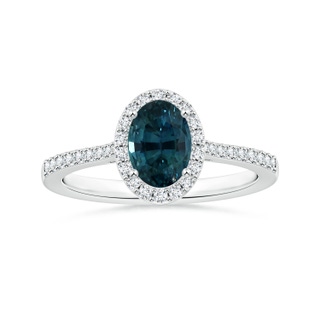 7.93x5.97x4.94mm AAA GIA Certified Oval Teal Sapphire Reverse Tapered Ring with Halo in P950 Platinum