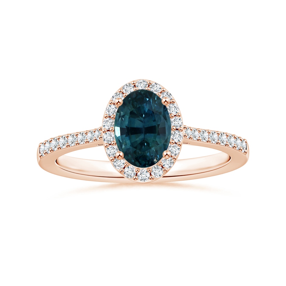 7.93x5.97x4.94mm AAA GIA Certified Oval Teal Sapphire Reverse Tapered Ring with Halo in Rose Gold 