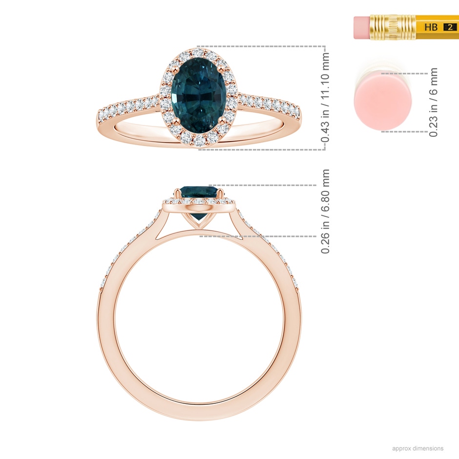 7.93x5.97x4.94mm AAA GIA Certified Oval Teal Sapphire Reverse Tapered Ring with Halo in Rose Gold ruler