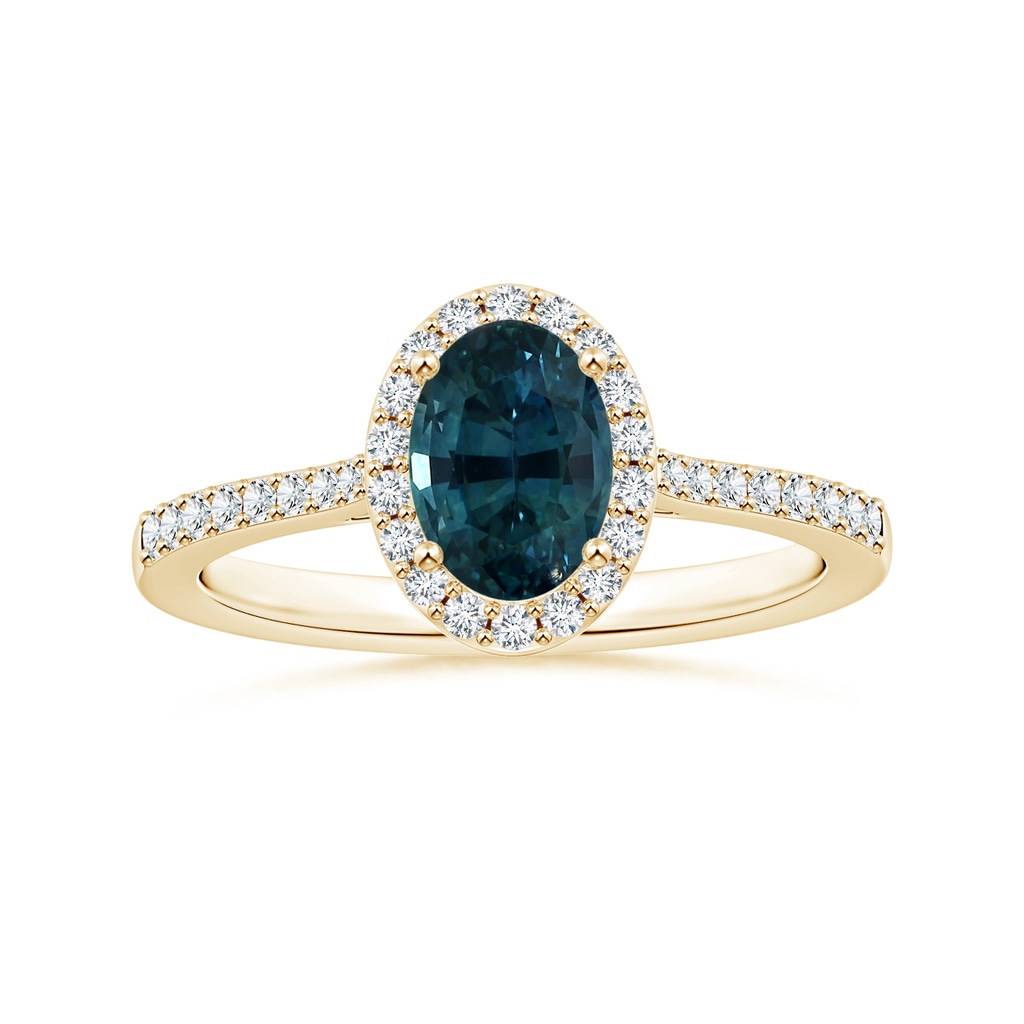 7.93x5.97x4.94mm AAA GIA Certified Oval Teal Sapphire Reverse Tapered Ring with Halo in Yellow Gold