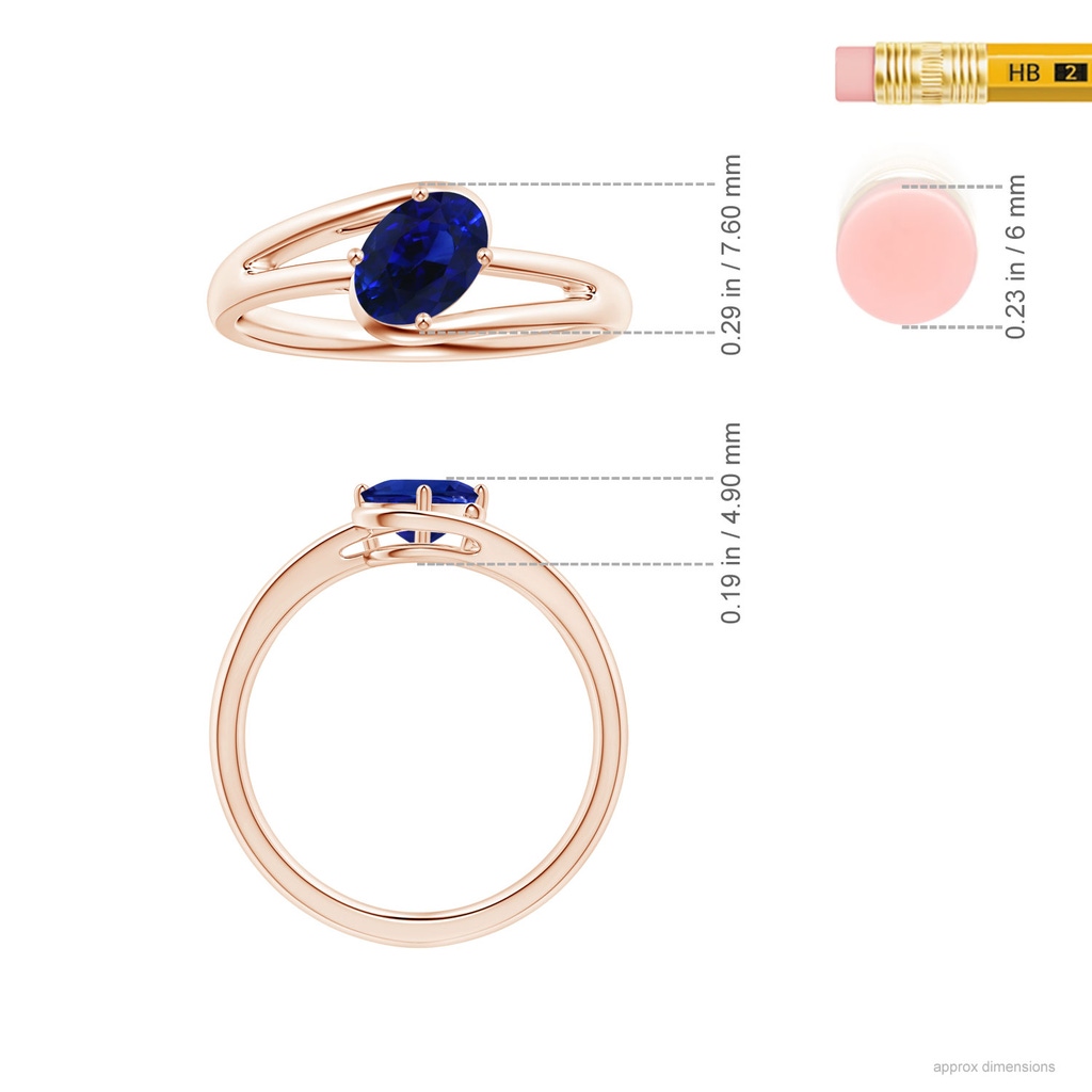 6.95x5.08x3.30mm AAAA Solitaire Tilted Oval Sapphire Bypass Split Shank Ring in 10K Rose Gold ruler
