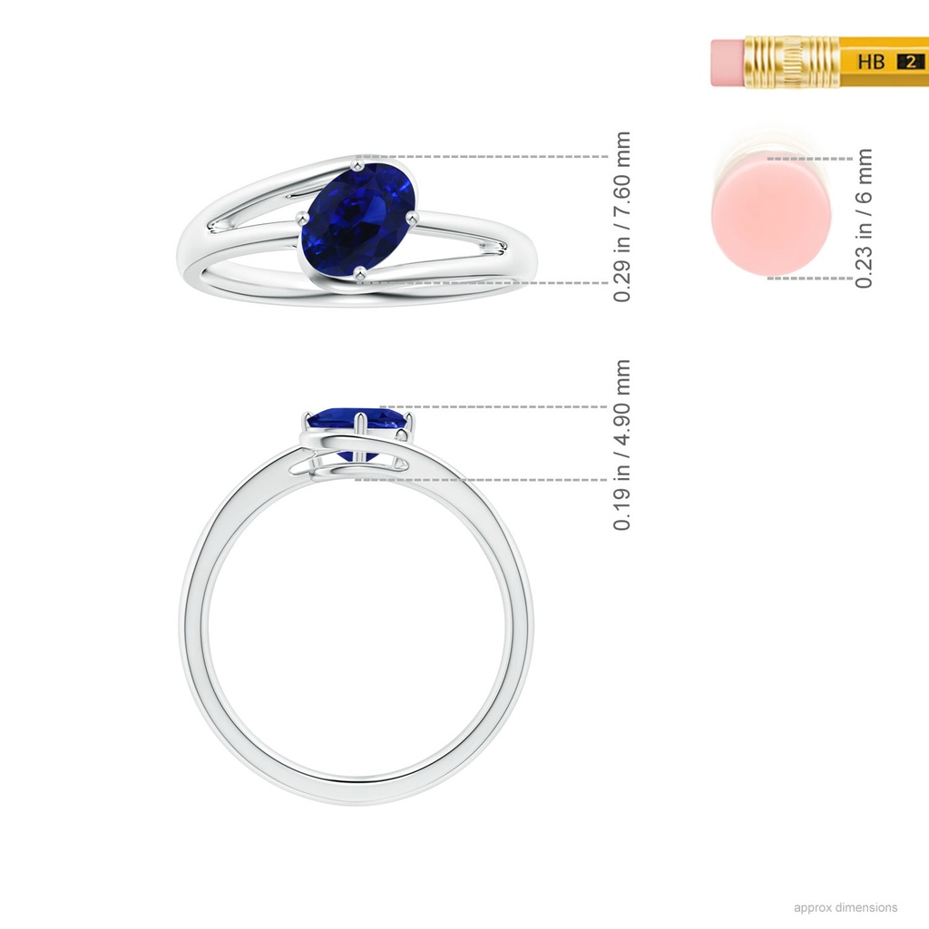6.95x5.08x3.30mm AAAA Solitaire Tilted Oval Sapphire Bypass Split Shank Ring in White Gold ruler