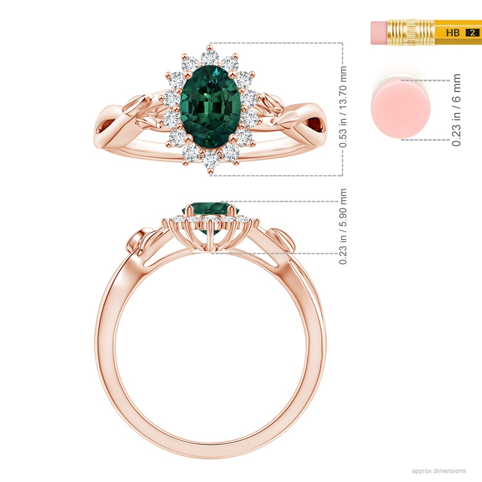 8.08x6.05x4.30mm AAA Princess Diana Inspired GIA Certified Oval Teal Sapphire Halo Ring in 18K Rose Gold ruler