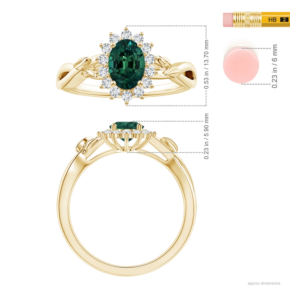 8.08x6.05x4.30mm AAA Princess Diana Inspired GIA Certified Oval Teal Sapphire Halo Ring in 18K Yellow Gold ruler