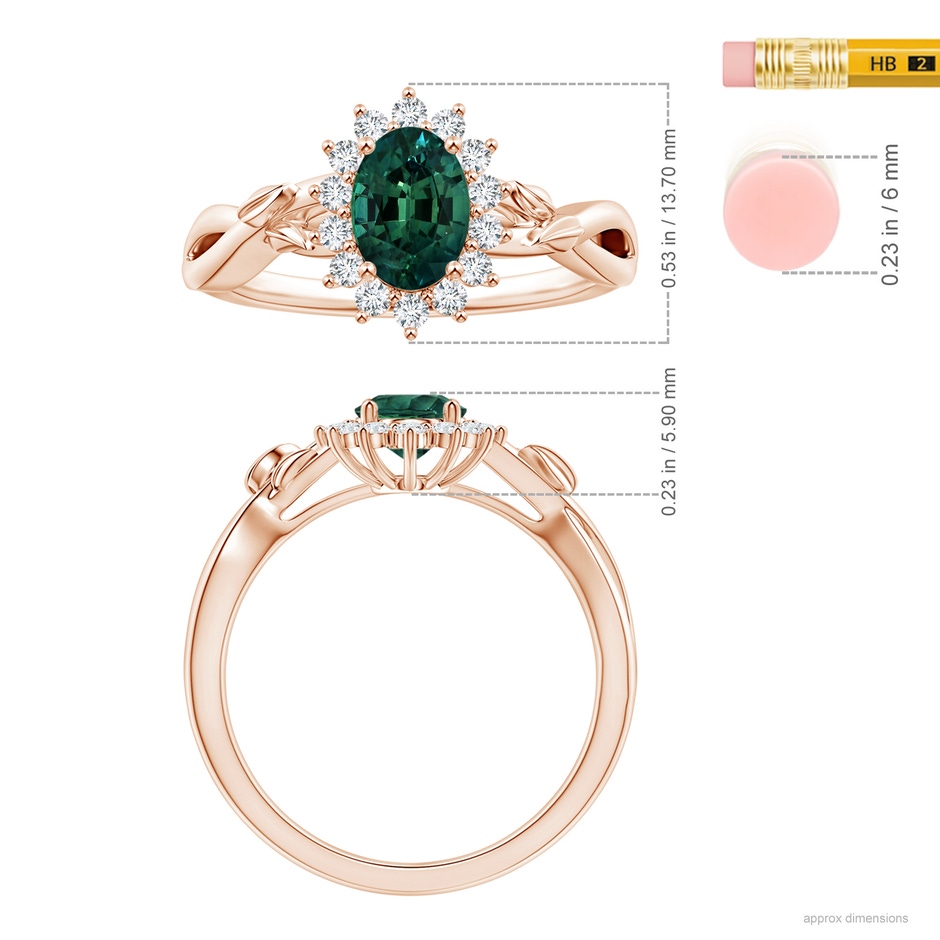 8.08x6.05x4.30mm AAA Princess Diana Inspired GIA Certified Oval Teal Sapphire Halo Ring in Rose Gold ruler