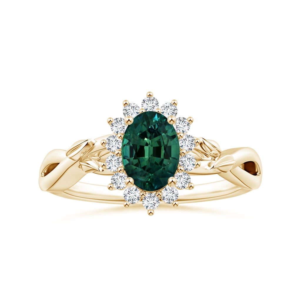 8.08x6.05x4.30mm AAA Princess Diana Inspired GIA Certified Oval Teal Sapphire Halo Ring in Yellow Gold