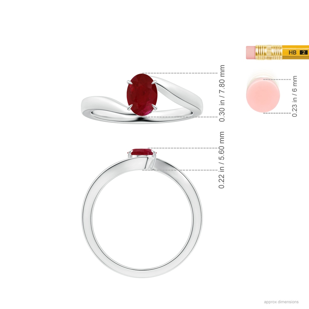 8.29x6.14x3.44mm AA Claw-Set Oval Ruby Solitaire Bypass Ring in White Gold ruler