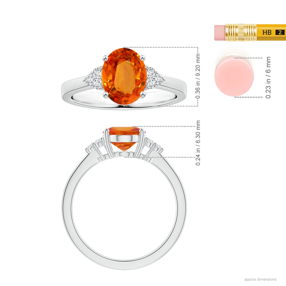 9.20x6.79x3.64mm AAA GIA Certified Oval Orange Sapphire Reverse Tapered Shank Ring with Diamonds in White Gold Ruler