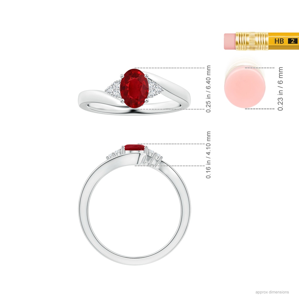6.43x5.03x3.56mm AAA GIA Certified Tilted Oval Ruby Ring with Bypass Shank in 18K White Gold Ruler