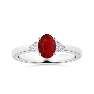 6.43x5.03x3.56mm AAA GIA Certified Oval Ruby Reverse Tapered Shank Ring with Side Diamonds in 18K White Gold