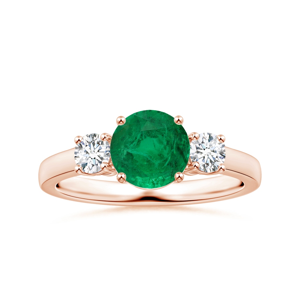 8.15x8.08x5.28mm AAA GIA Certified Round Emerald Three Stone Ring with Diamonds in 18K Rose Gold