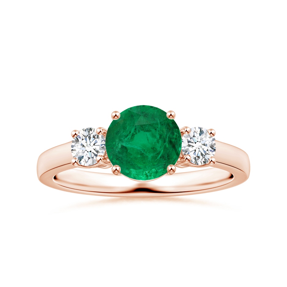 8.15x8.08x5.28mm AAA GIA Certified Round Emerald Three Stone Ring with Diamonds in 18K Rose Gold 