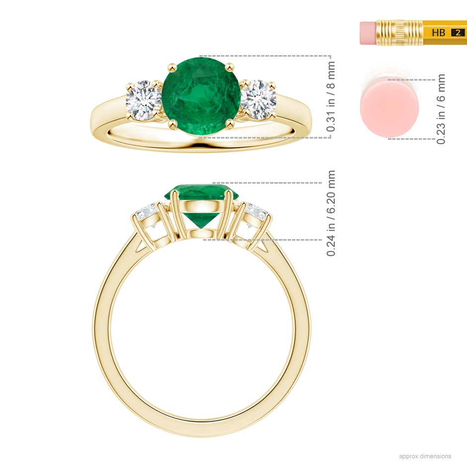 8.15x8.08x5.28mm AAA GIA Certified Round Emerald Three Stone Ring with Diamonds in 18K Yellow Gold ruler