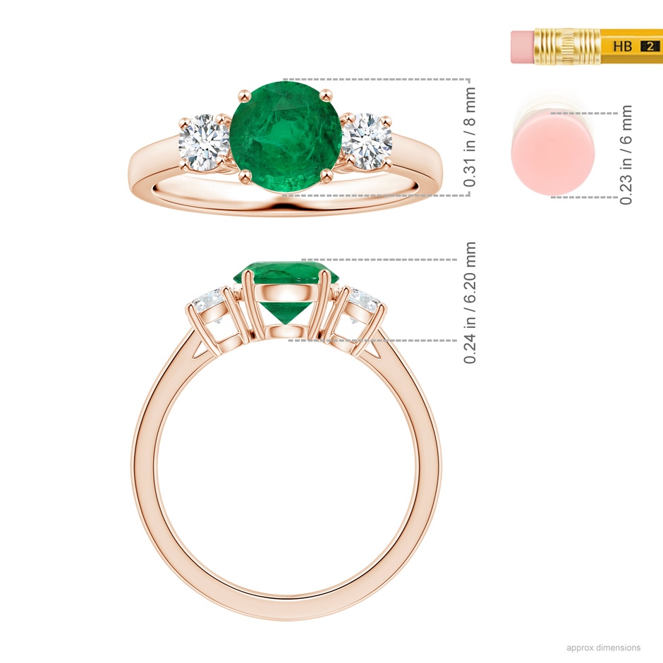 8.15x8.08x5.28mm AAA GIA Certified Round Emerald Three Stone Ring with Diamonds in Rose Gold ruler