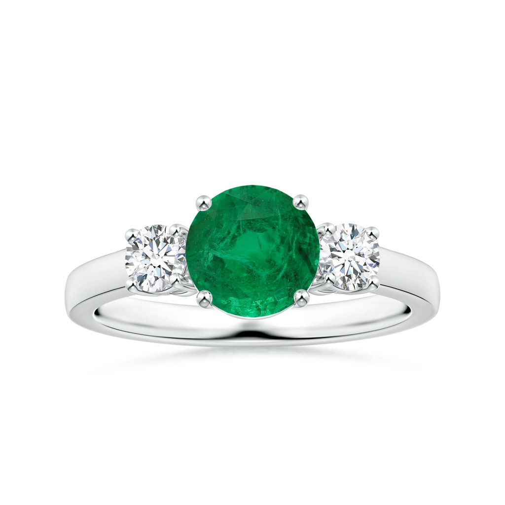8.15x8.08x5.28mm AAA GIA Certified Round Emerald Three Stone Ring with Diamonds in White Gold