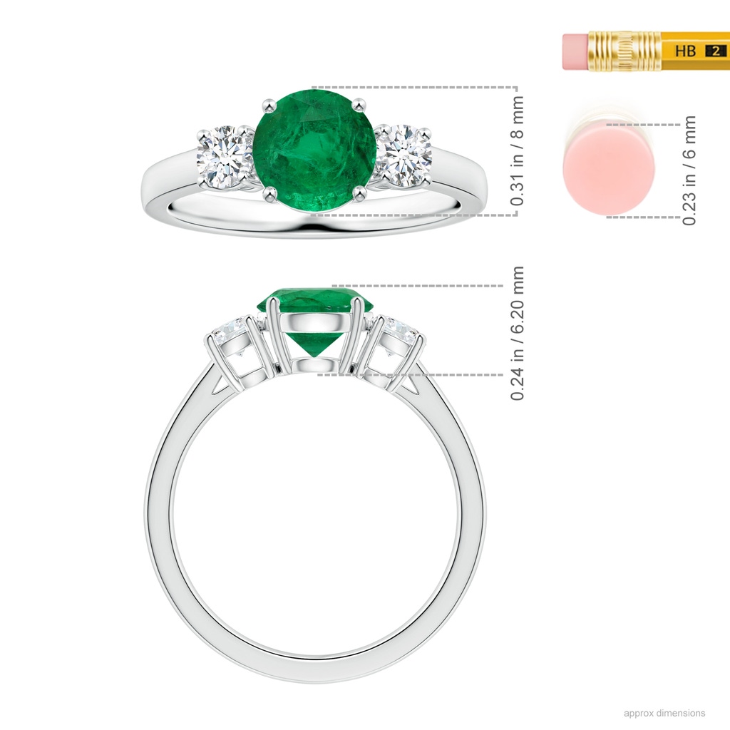 8.15x8.08x5.28mm AAA GIA Certified Round Emerald Three Stone Ring with Diamonds in White Gold ruler
