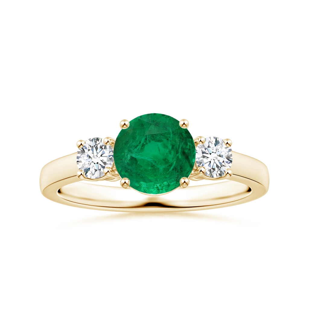 8.15x8.08x5.28mm AAA GIA Certified Round Emerald Three Stone Ring with Diamonds in Yellow Gold