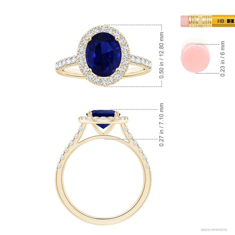 9.62x7.60x4.51mm AAA GIA Certified Oval Blue Sapphire Halo Ring with Diamonds in Yellow Gold ruler