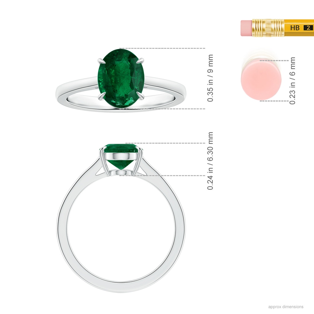 9.14x6.95x4.59mm AAA GIA Certified Claw-Set Solitaire Oval Emerald Reverse Tapered Shank Ring in White Gold ruler