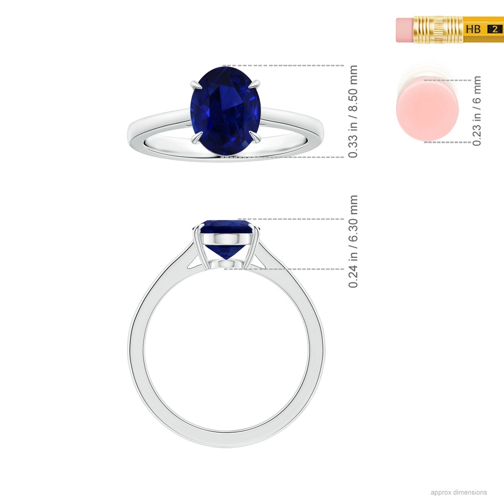9.62x7.60x4.51mm AAA Claw-Set GIA Certified Solitaire Oval Blue Sapphire Reverse Tapered Shank Ring in White Gold ruler