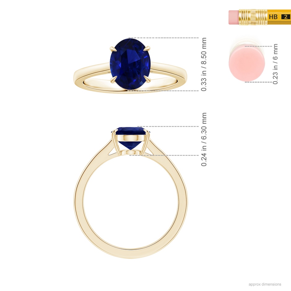 9.62x7.60x4.51mm AAA Claw-Set GIA Certified Solitaire Oval Blue Sapphire Reverse Tapered Shank Ring in Yellow Gold ruler