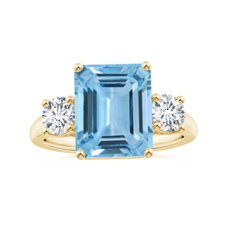 10.56x8.18x5.60mm AAA Emerald-Cut Aquamarine Tapered Shank Three Stone Ring with Diamonds in 10K Yellow Gold