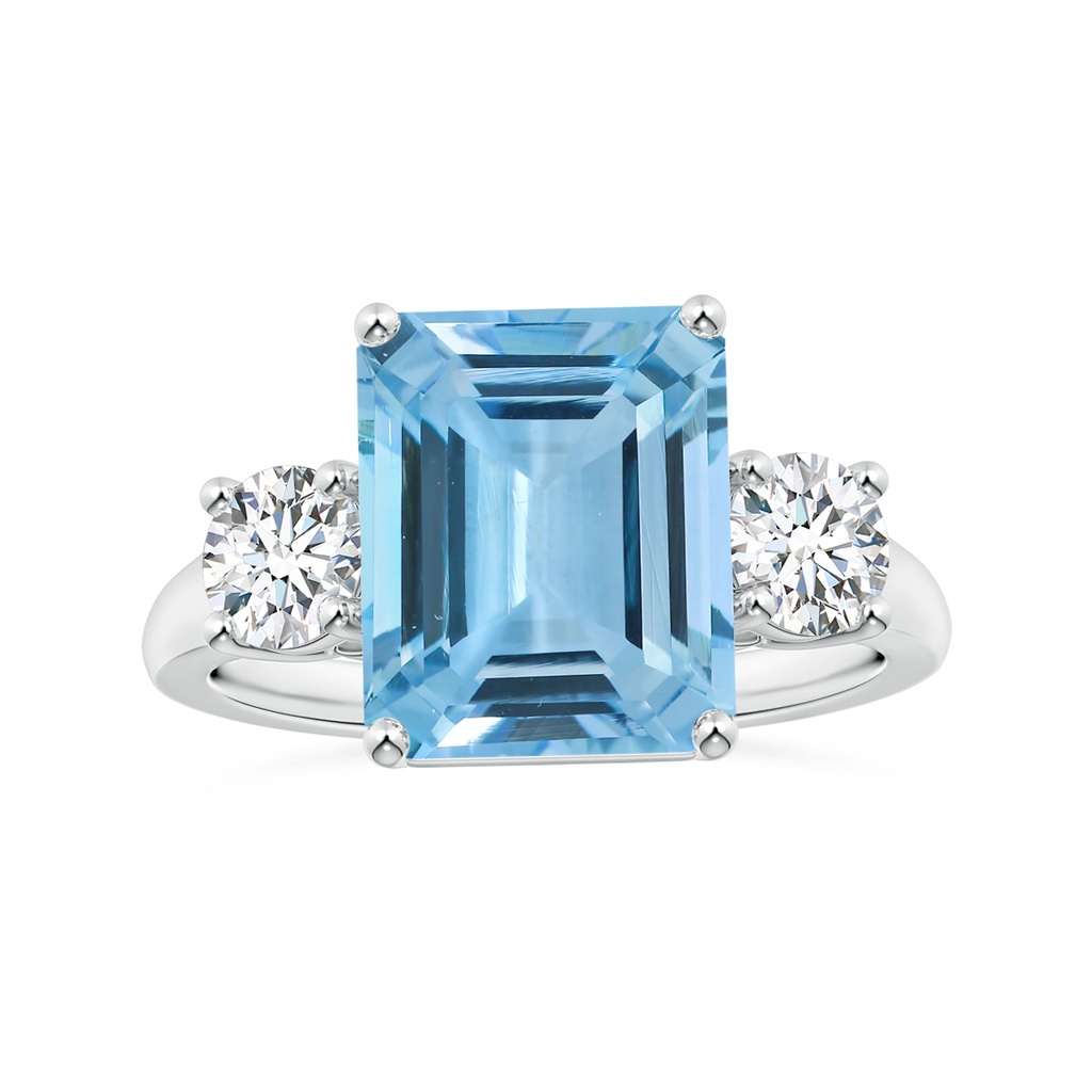 10.56x8.18x5.60mm AAA Emerald-Cut Aquamarine Tapered Shank Three Stone Ring with Diamonds in P950 Platinum 