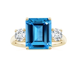 10.93x8.96x5.42mm AAA Three Stone GIA Certified Emerald-Cut Swiss Blue Topaz Tapered Ring with Diamonds in 18K Yellow Gold