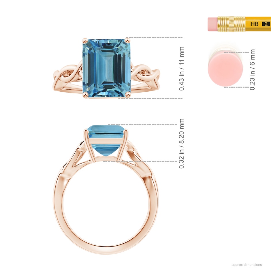 10.89x8.83x6.52mm AAAA Prong-Set GIA Certified Solitaire Emerald-Cut Aquamarine Twisted Shank Ring in Rose Gold ruler