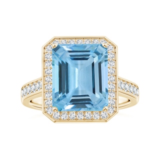 10.56x8.18x5.60mm AAA Emerald-Cut Aquamarine Single Halo Ring with Diamonds in 10K Yellow Gold