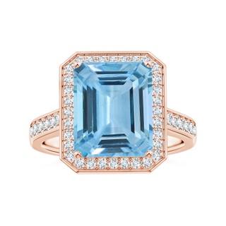 10.56x8.18x5.60mm AAA Emerald-Cut Aquamarine Single Halo Ring with Diamonds in 18K Rose Gold
