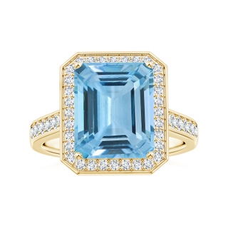 10.56x8.18x5.60mm AAA Emerald-Cut Aquamarine Single Halo Ring with Diamonds in 18K Yellow Gold