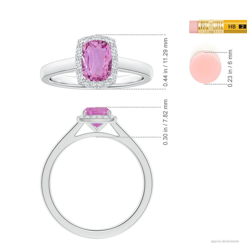 6.62x6.24x3.95mm AAA Cushion Pink Sapphire Ring with Diamond Halo in White Gold ruler