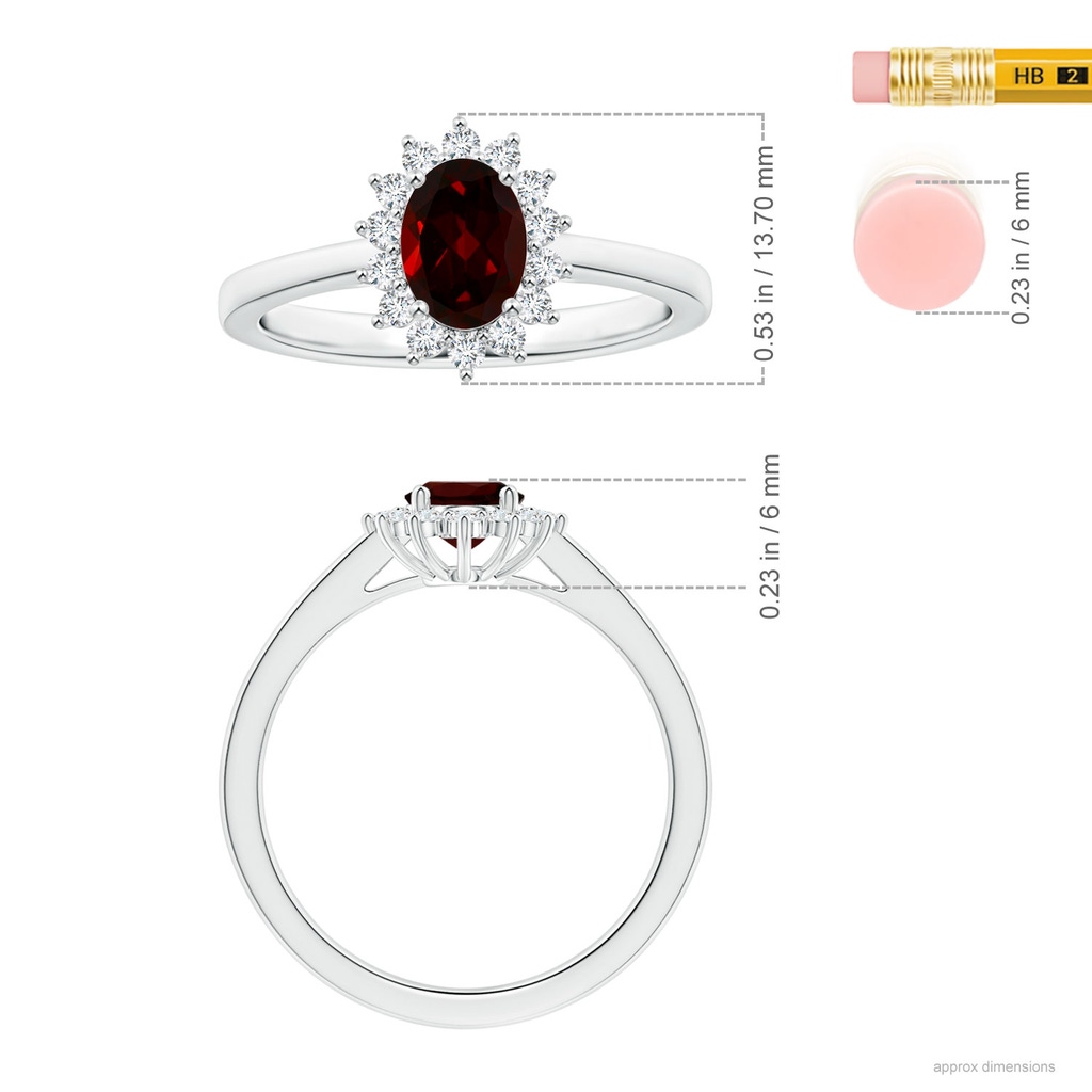 7.93x5.81x3.65mm AAAA Princess Diana Inspired GIA Certified Oval Garnet Halo Ring with Reverse Tapered Shank in White Gold ruler