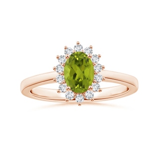 8.02x5.97x4.09mm AAA GIA Certified Princess Diana Inspired Oval Peridot Reverse Tapered Ring with Halo in 10K Rose Gold