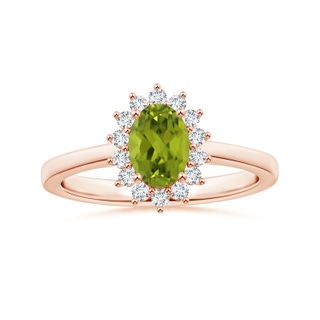 8.02x5.97x4.09mm AAA GIA Certified Princess Diana Inspired Oval Peridot Reverse Tapered Ring with Halo in 18K Rose Gold