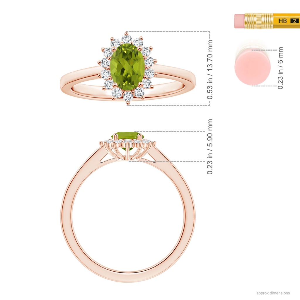 8.02x5.97x4.09mm AAA GIA Certified Princess Diana Inspired Oval Peridot Reverse Tapered Ring with Halo in 18K Rose Gold ruler