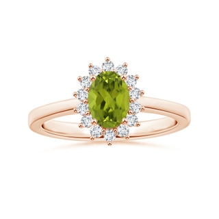 8.02x5.97x4.09mm AAA GIA Certified Princess Diana Inspired Oval Peridot Reverse Tapered Ring with Halo in 9K Rose Gold