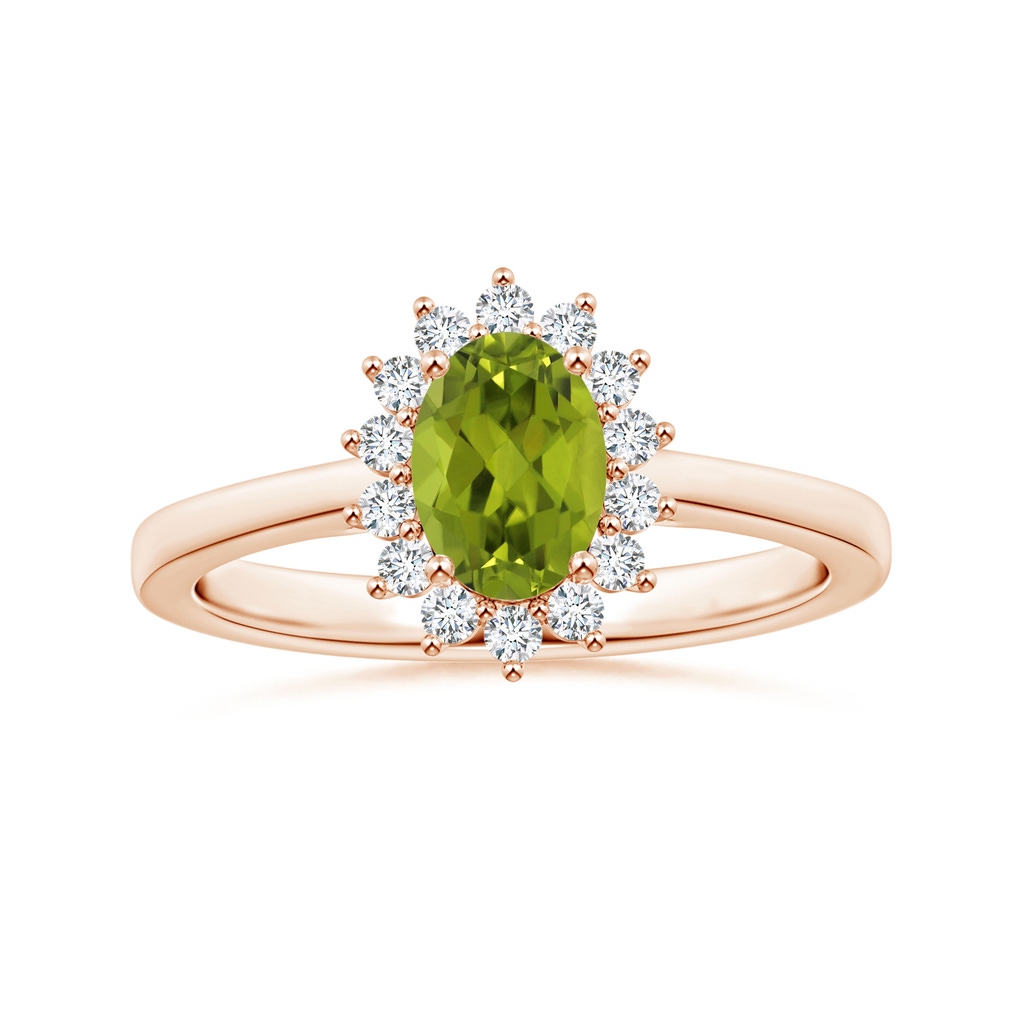 8.02x5.97x4.09mm AAA GIA Certified Princess Diana Inspired Oval Peridot Reverse Tapered Ring with Halo in Rose Gold