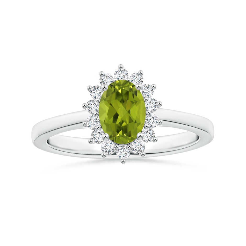 8.02x5.97x4.09mm AAA GIA Certified Princess Diana Inspired Oval Peridot Reverse Tapered Ring with Halo in White Gold 