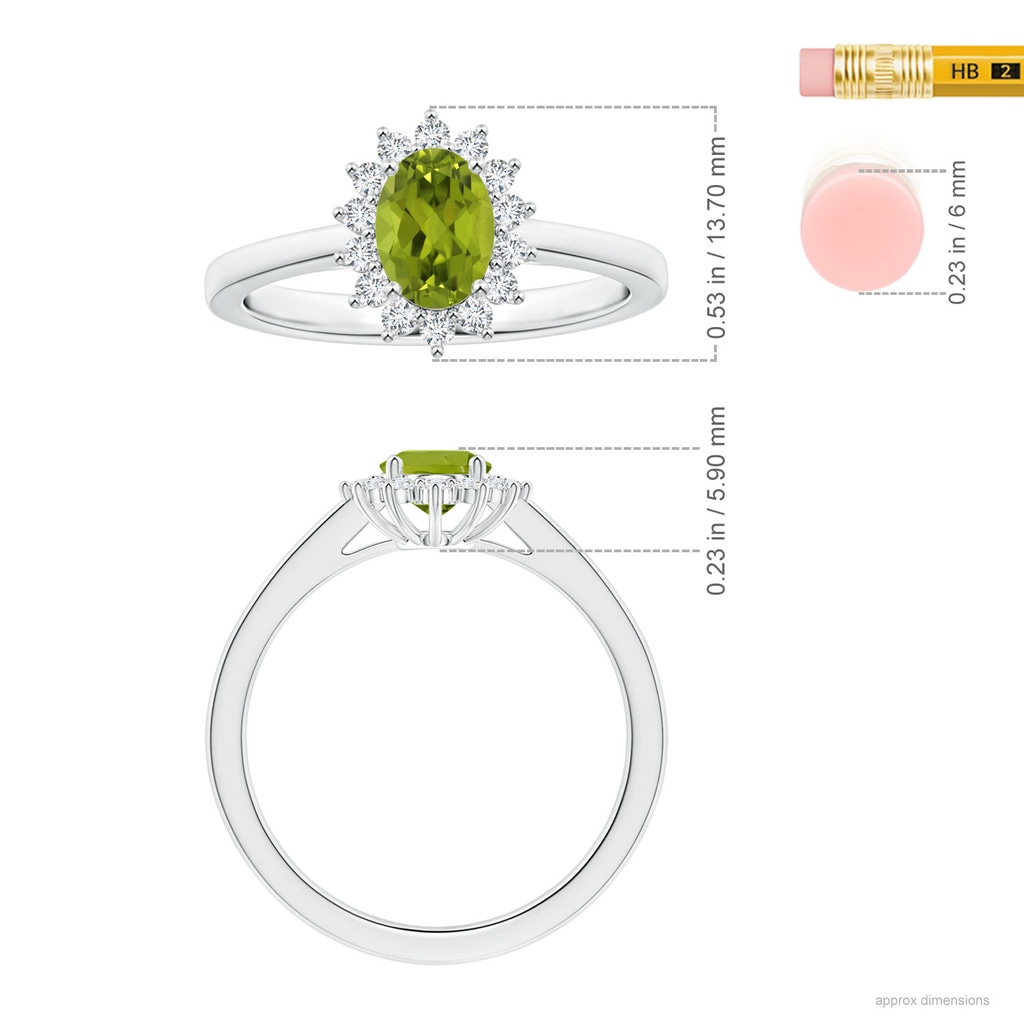 8.02x5.97x4.09mm AAA GIA Certified Princess Diana Inspired Oval Peridot Reverse Tapered Ring with Halo in White Gold ruler