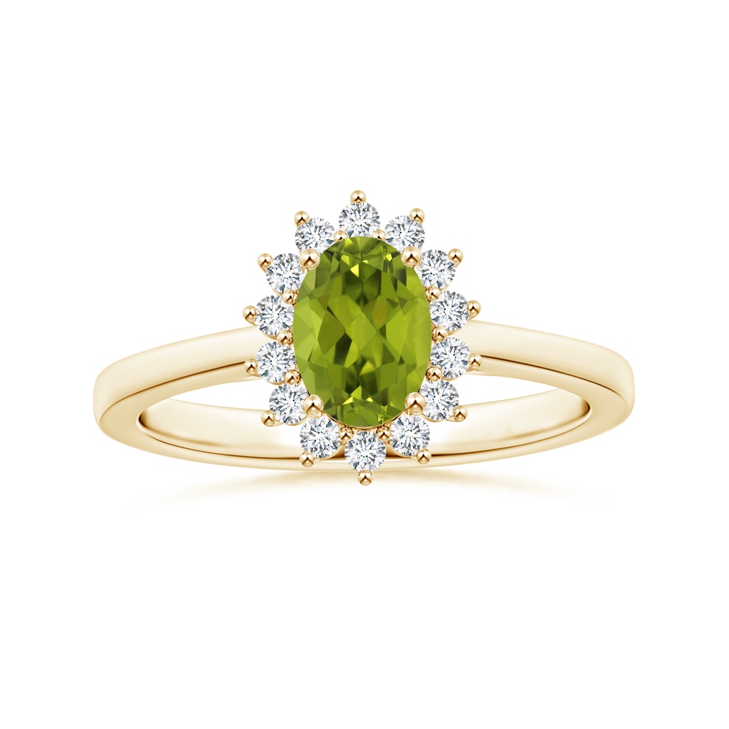 8.02x5.97x4.09mm AAA GIA Certified Princess Diana Inspired Oval Peridot Reverse Tapered Ring with Halo in Yellow Gold
