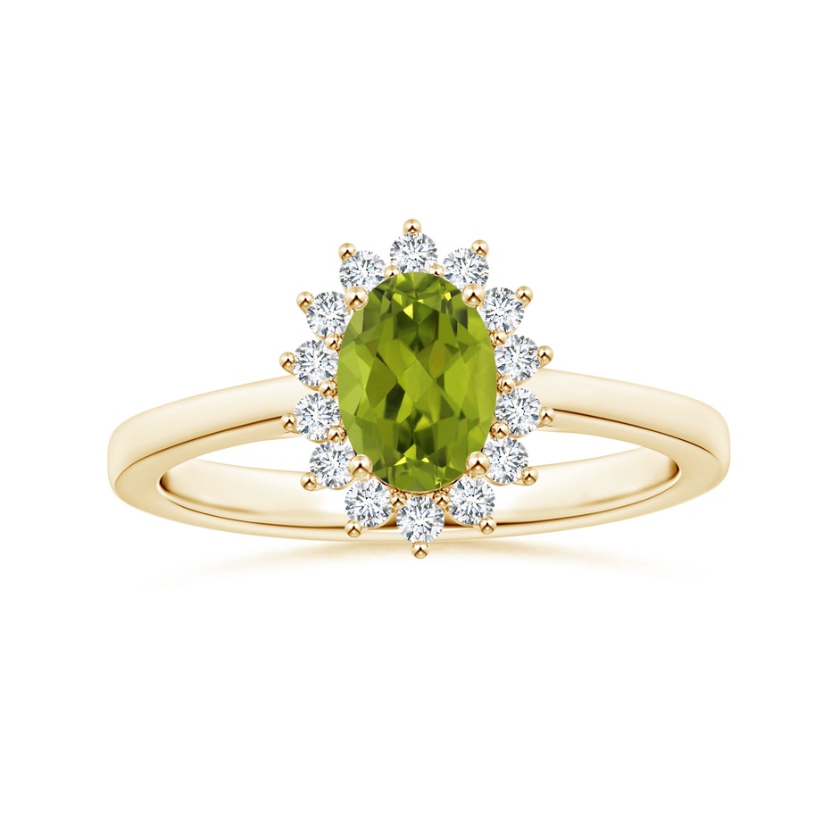 8.02x5.97x4.09mm AAA GIA Certified Princess Diana Inspired Oval Peridot Reverse Tapered Ring with Halo in Yellow Gold 