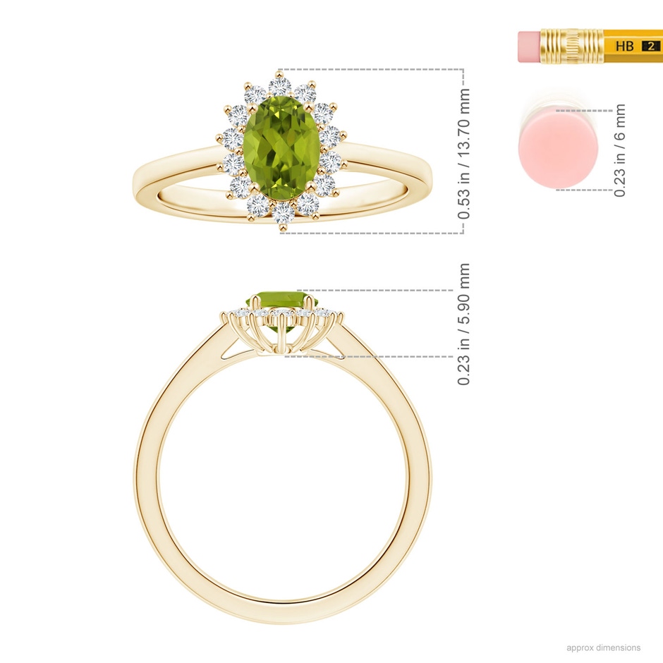 8.02x5.97x4.09mm AAA GIA Certified Princess Diana Inspired Oval Peridot Reverse Tapered Ring with Halo in Yellow Gold ruler