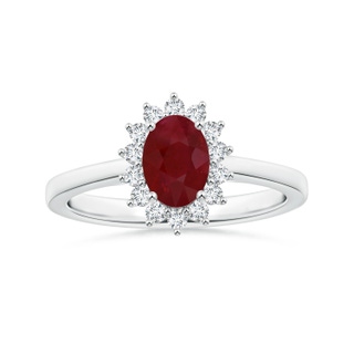 7.86x6.16x4.51mm AA Princess Diana Inspired GIA Certified Oval Ruby Reverse Tapered Shank Ring with Halo in 18K White Gold
